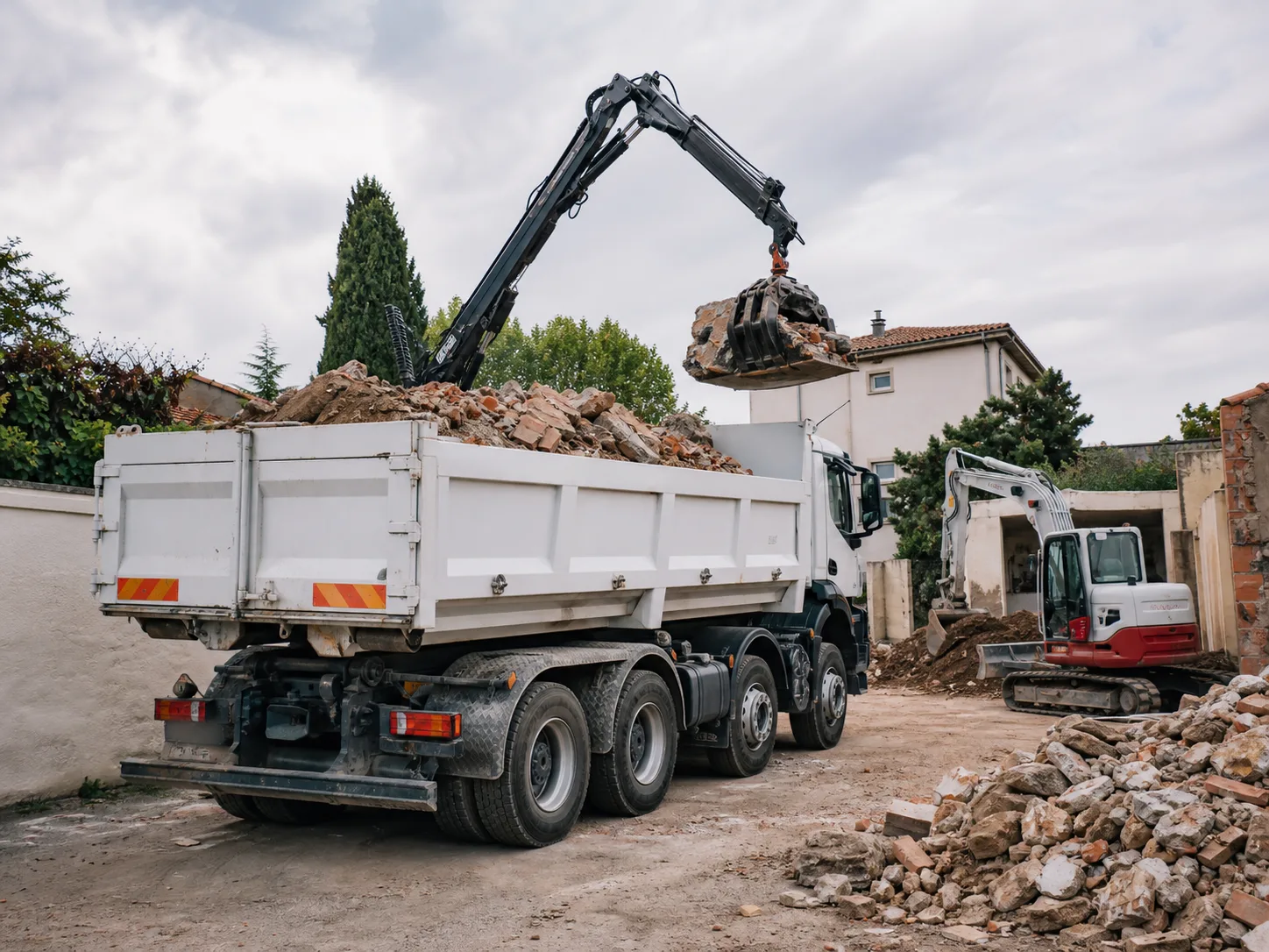 Chantier de démolition à Toulouse avec mini-pelle et évacuation de gravats